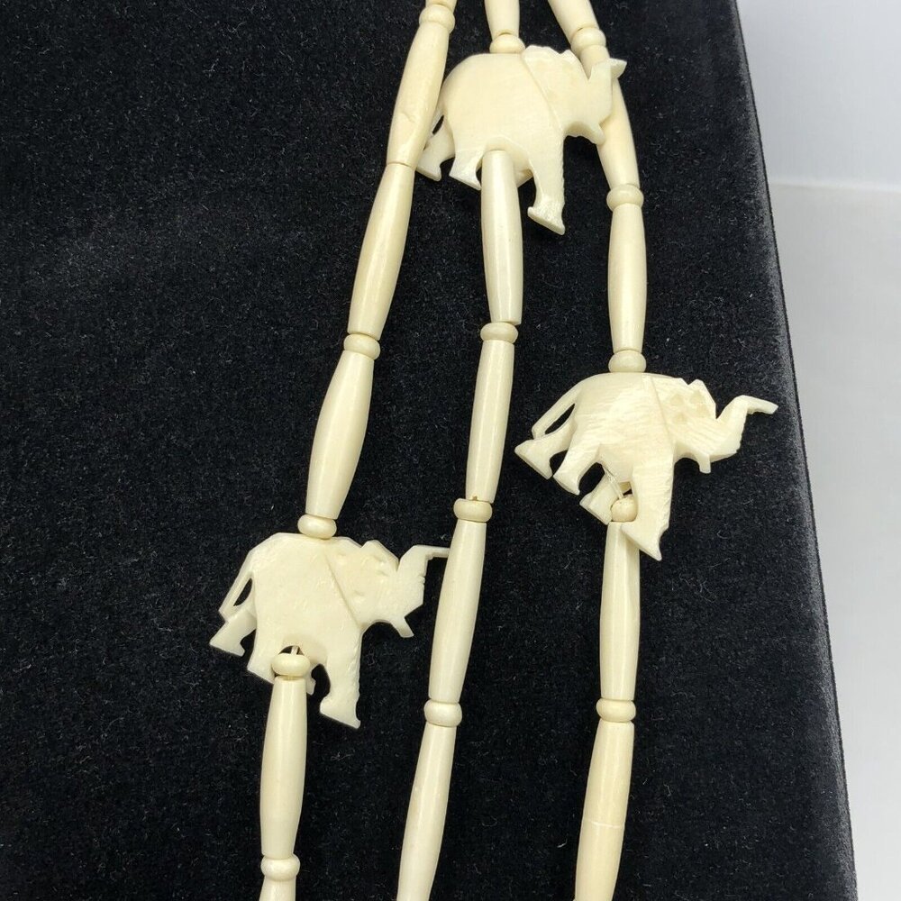 Tribal Boho Gypsy Fetish Carved Ivory Bead Elephant Necklace 3 Strands Engraved - Picture 4 of 11